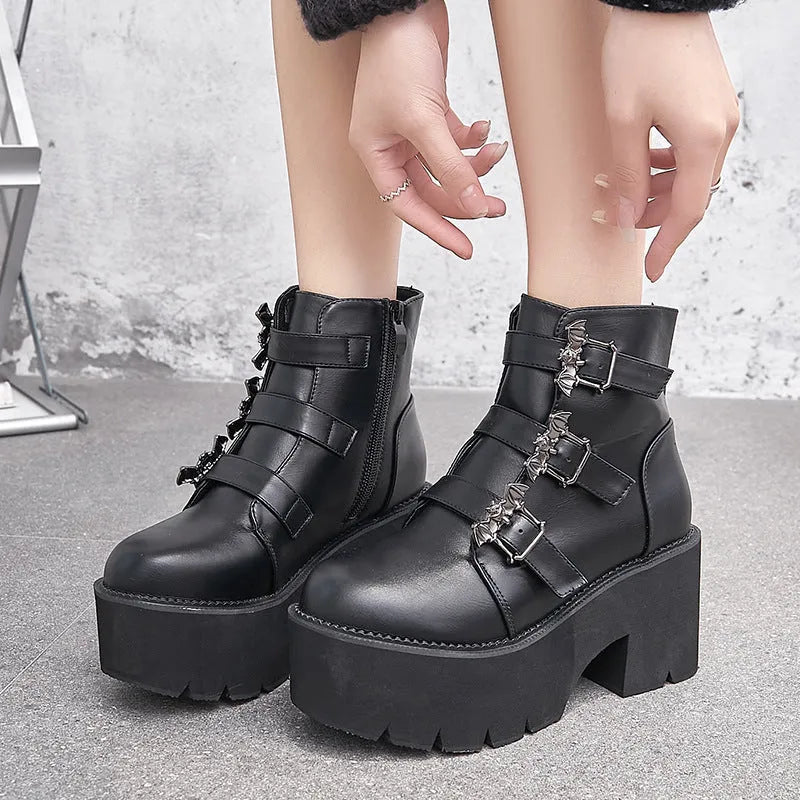Black women's Harajuku punk gothic short boots with bat buckle, side zipper, thick heel, and round toe.