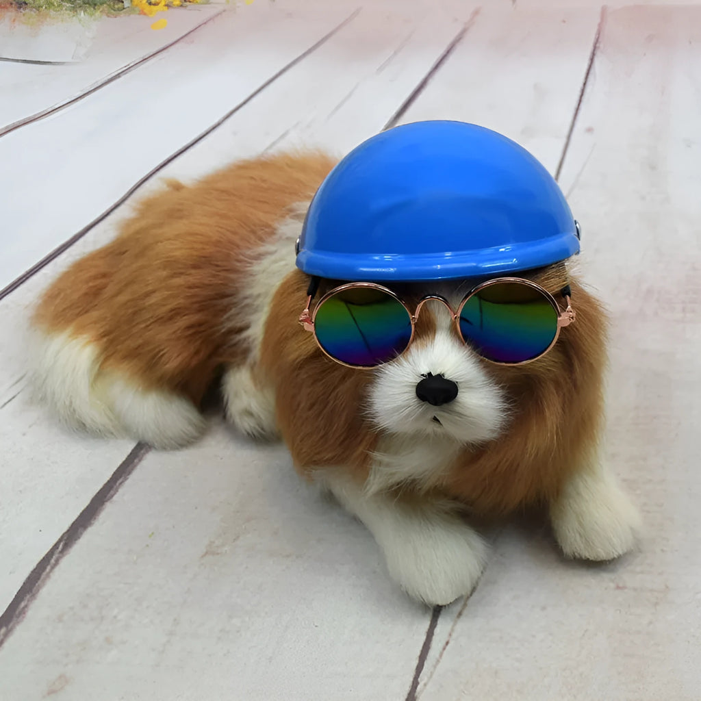 A pink plastic motorcycle cap helmet for a dog, shown alongside white, black, and yellow colour options.