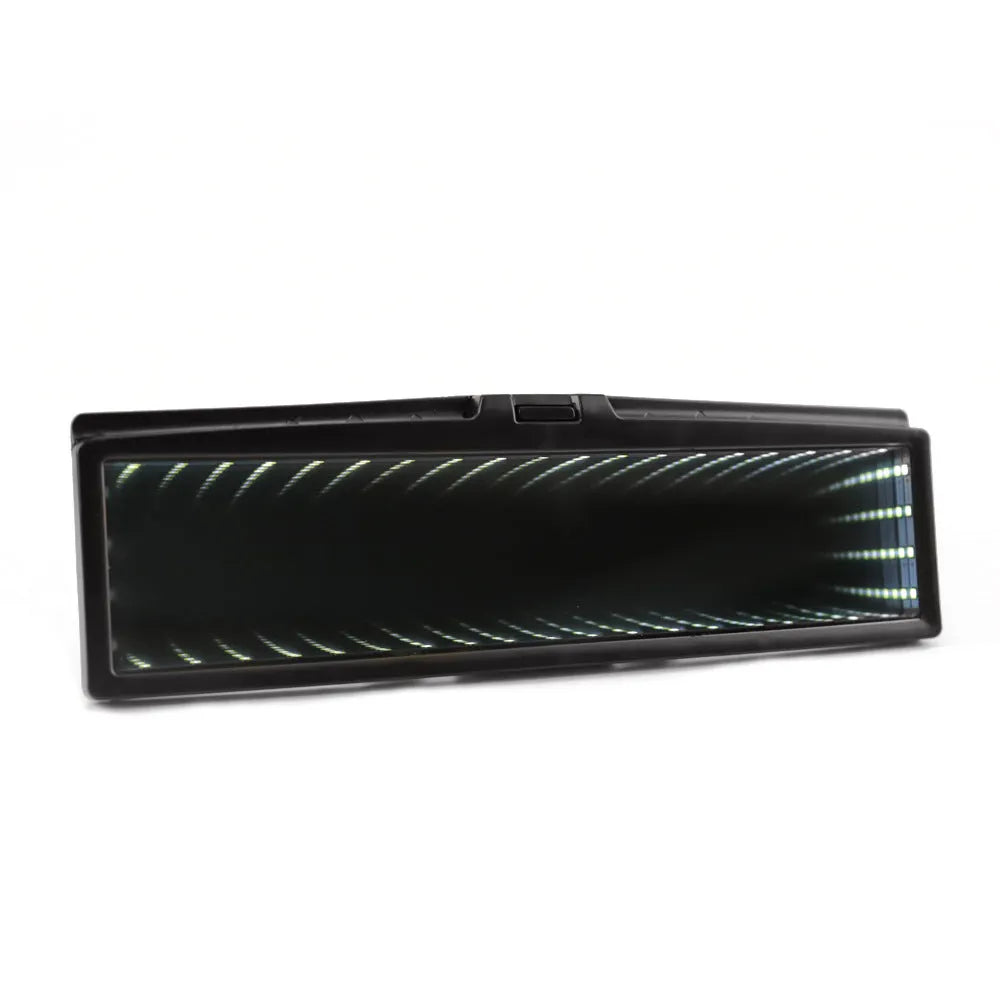 280mm wide flat car rearview mirror with anti-glare coating and coloured night lighting in plastic housing.