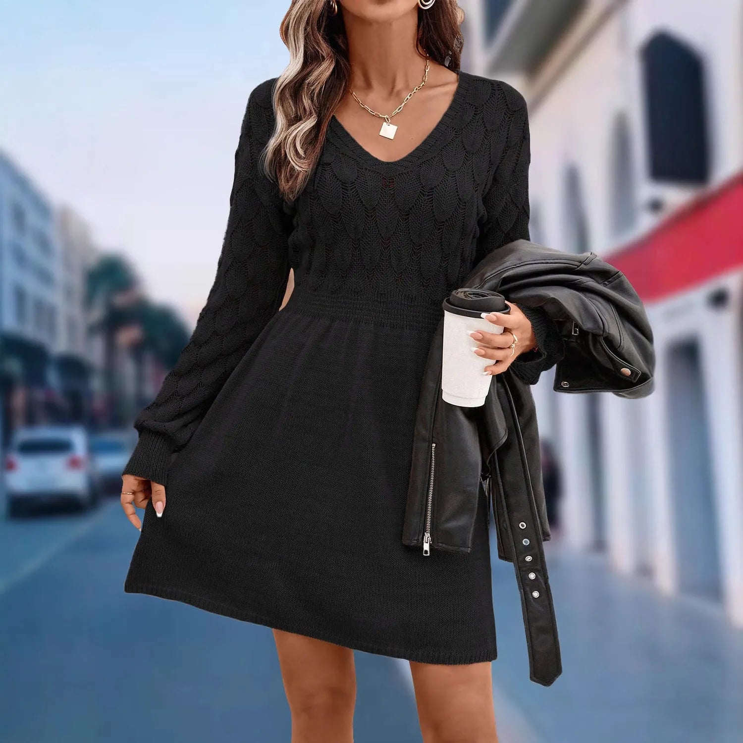 Women's long sleeve V-neck beach dress with 3D pattern in an artistic retro ethnic style.