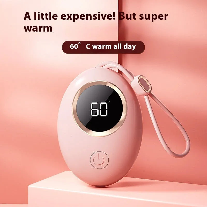 USB-powered hand warmer power bank with digital display in various colour options