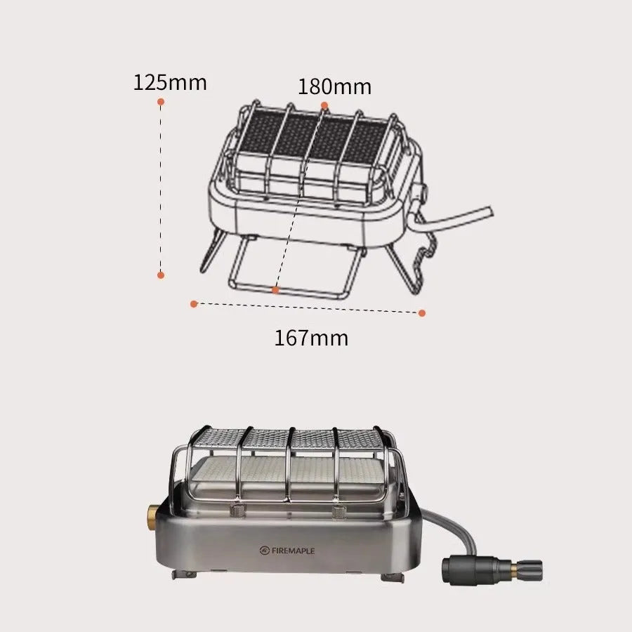 Portable outdoor heating stove with metal finish showing expanded and collapsed sizes