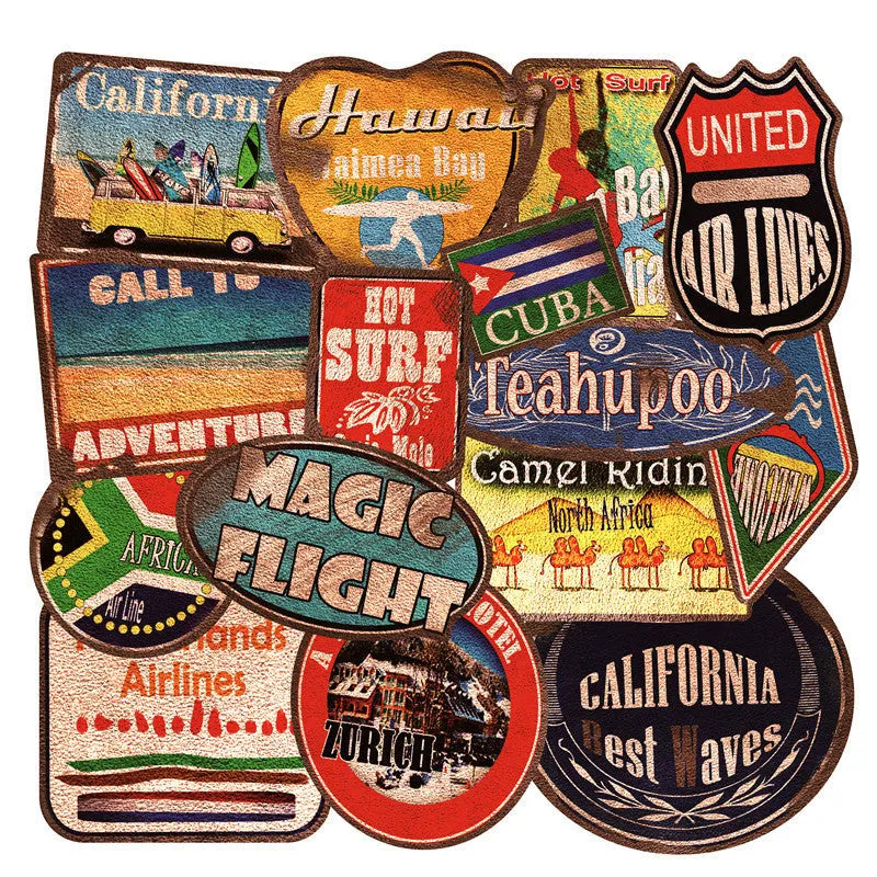 36-piece retro beach sticker set with surf and travel designs on PVC material with matte finish