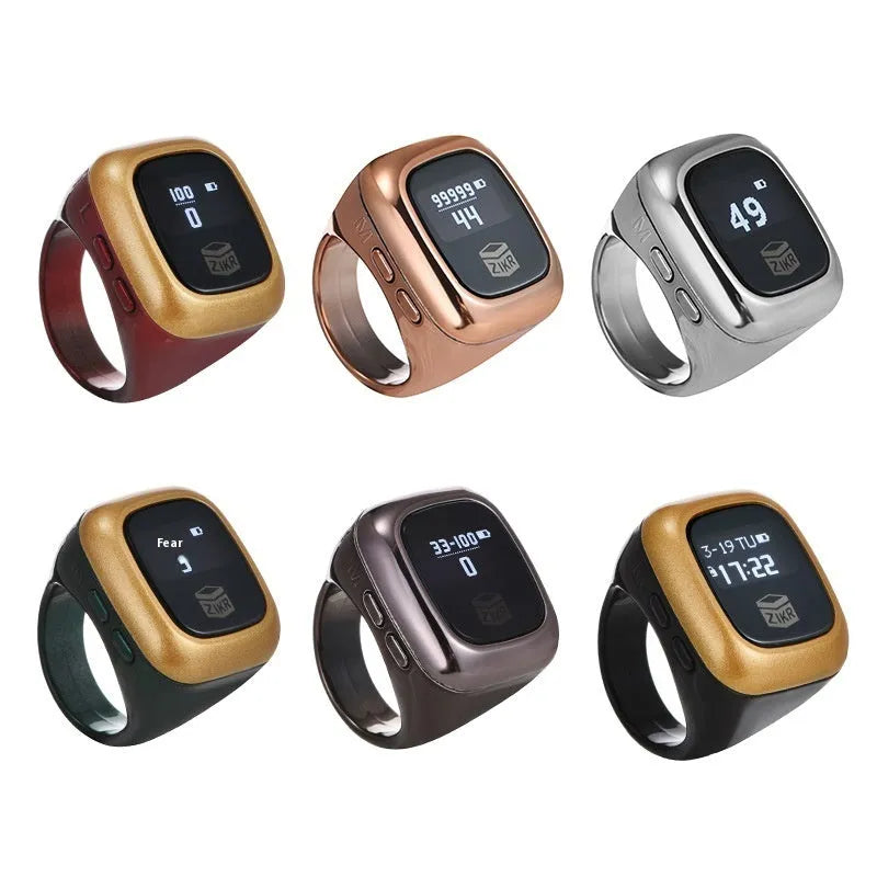 Al-Fatiha electronic zikr counter with digital display on a wristband, shown in rose gold colour.