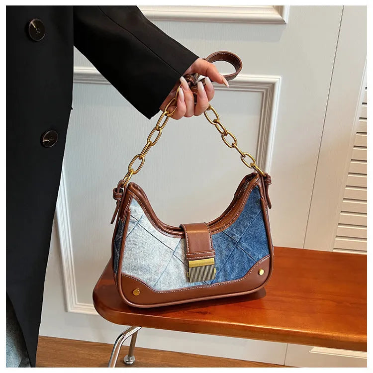 Brown denim women's shoulder bag with diamond mesh chain design and internal phone compartment