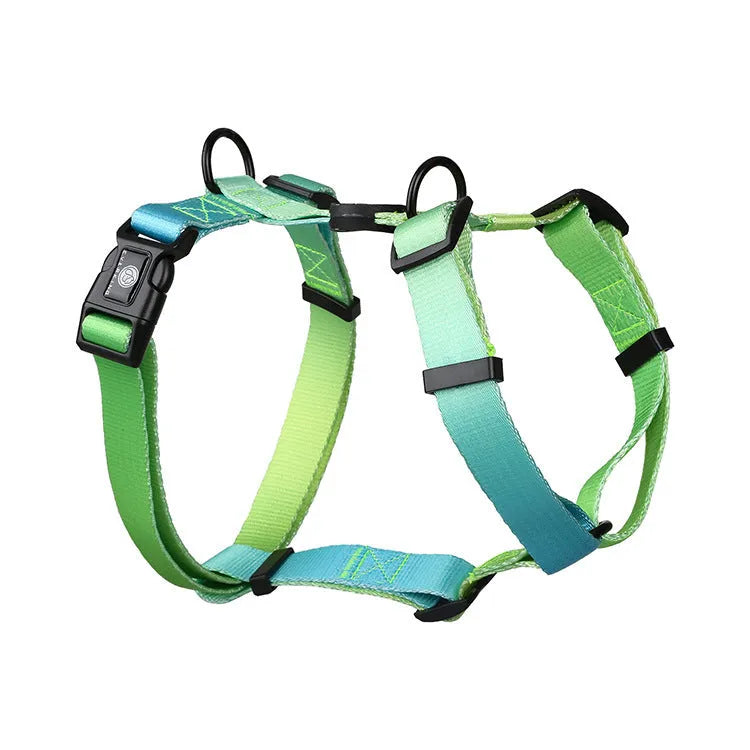 Gradient colour dog chest strap harness in four design options with secure chest and back fastening