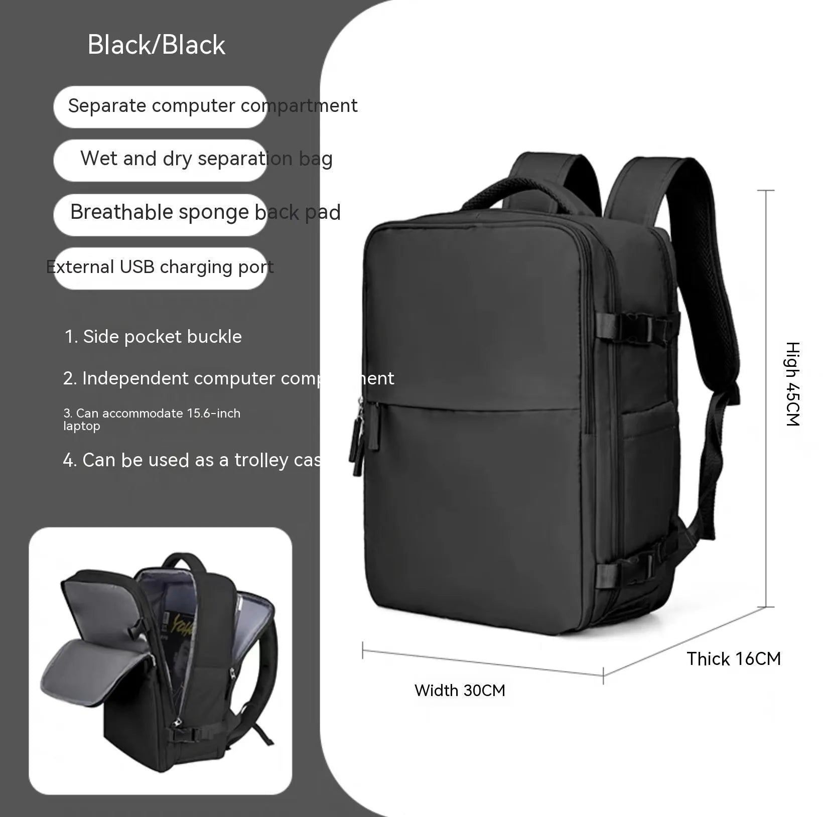 Large black waterproof nylon mummy backpack with zipped compartments.