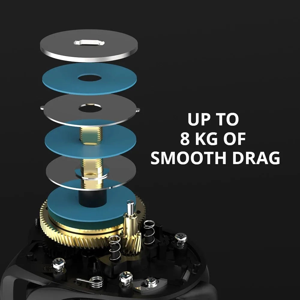 Drip wheel fishing reel with lure rod and a choice of left or right-hand wheel, shown with included fishing vessel.