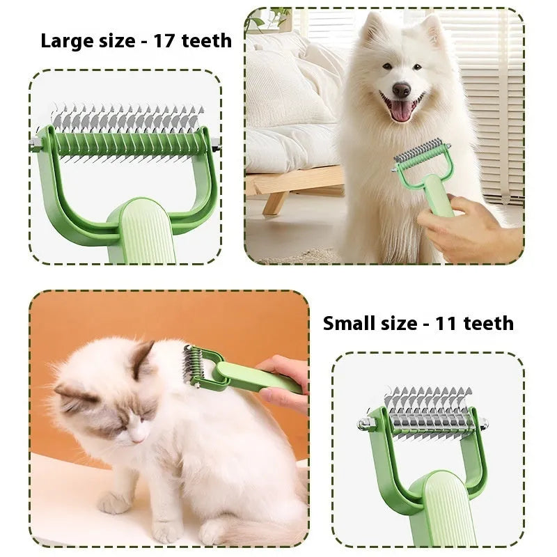 Green and grey pet grooming comb with stainless steel blades for de-tangling dog fur in small and large sizes