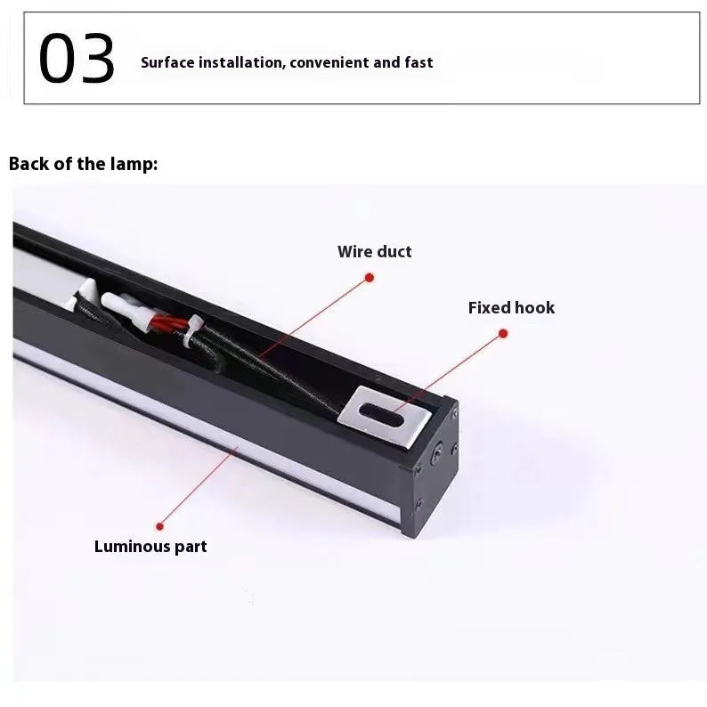 80cm long black aluminium LED strip wall lamp mounted on a wall, showcasing its simple linear design.