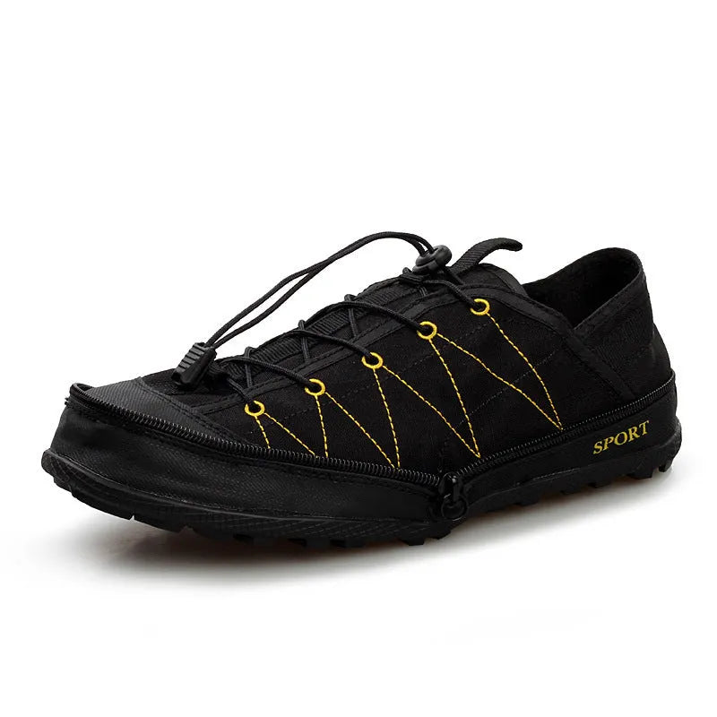 Folding outdoor travel shoes with side zipper and mesh upper in orange, black, and grey colour options