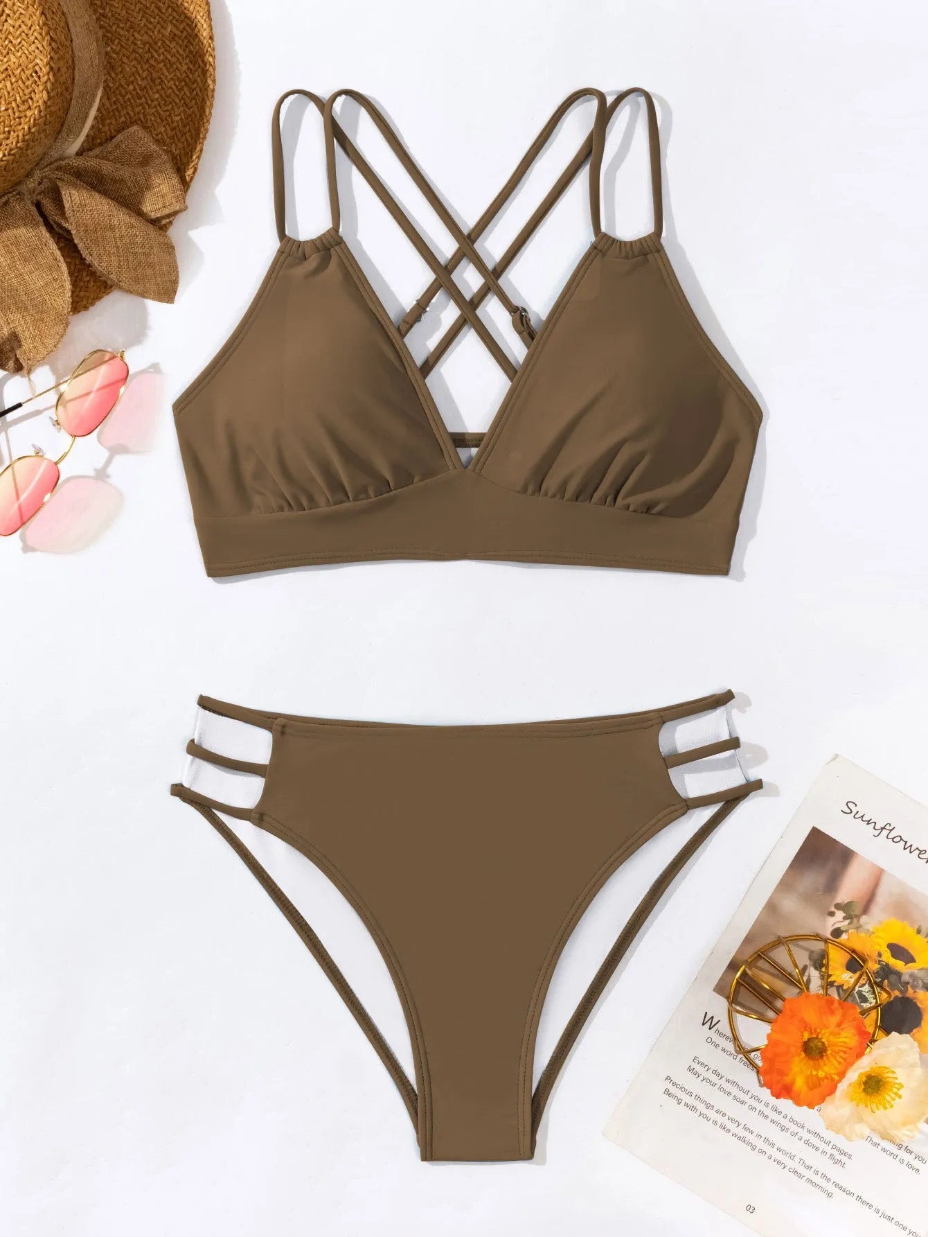 Women's V-neck halter bikini swimsuit in nylon fabric on mannequin