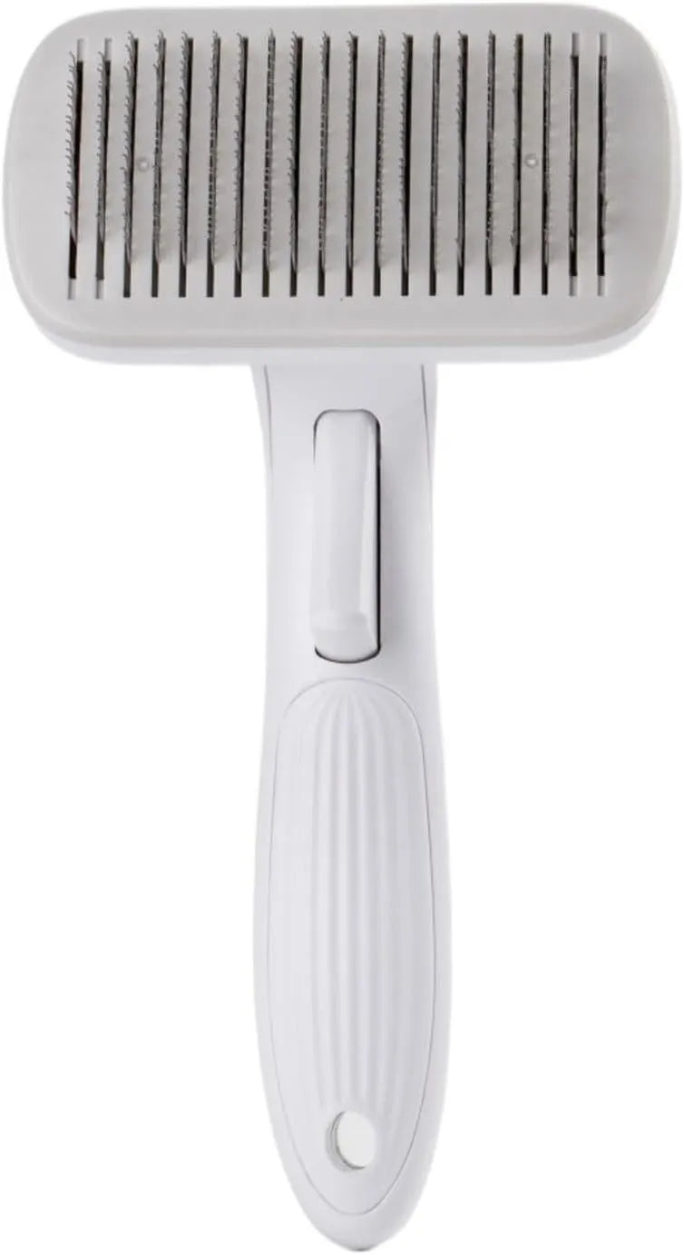 Automatic pet hair removal comb in blue, showing compact design and needle comb.