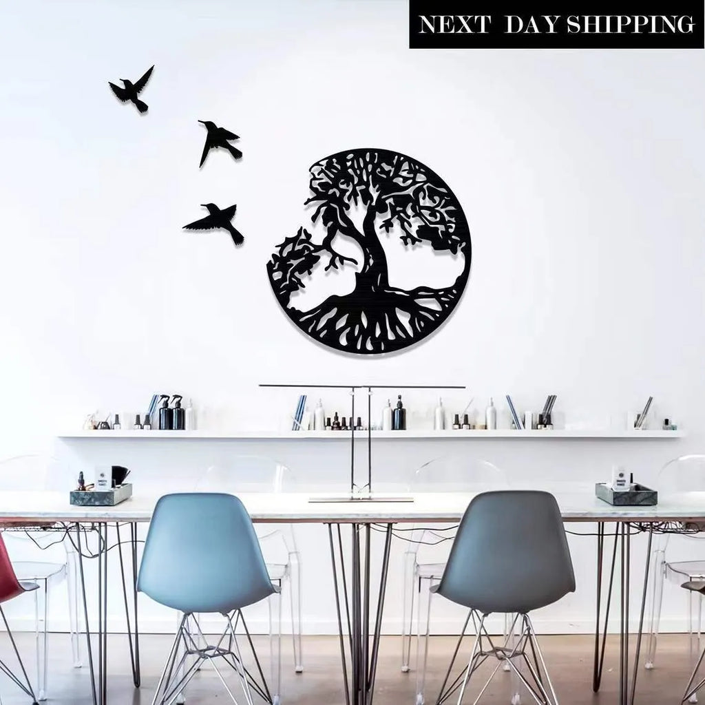 Black iron decorative wall hanging wind chime with modern simple design for garden or indoor decoration.