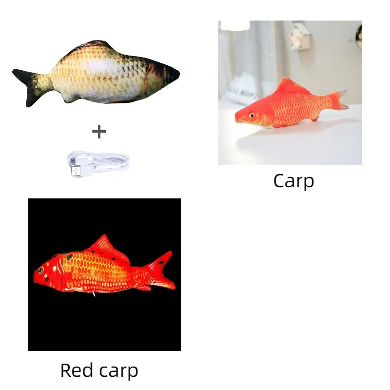 Electric jumping fish simulation cat toy showing multicolor options and USB charging cable.