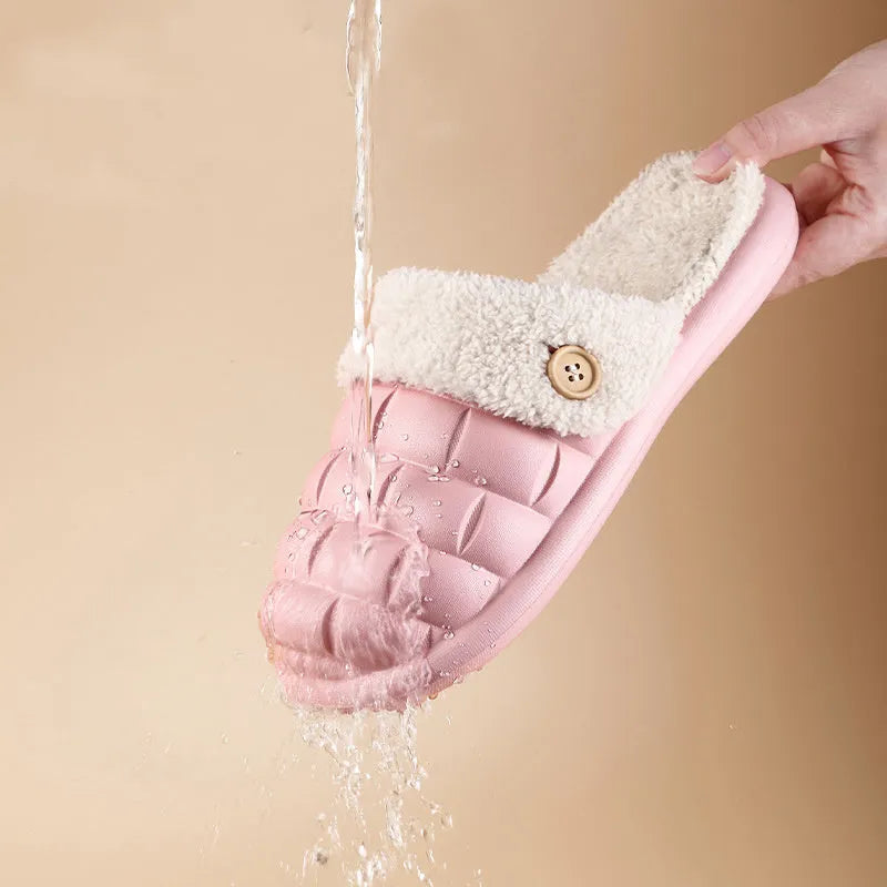 Women's EVA plush house slippers with detachable sleeves in pink, showing slip-on and overshoe wearing modes