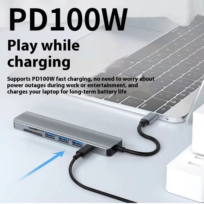 USB C 7-in-1 expansion dock with HDMI port, USB 3.0 connections, and 15cm cable for laptop connectivity