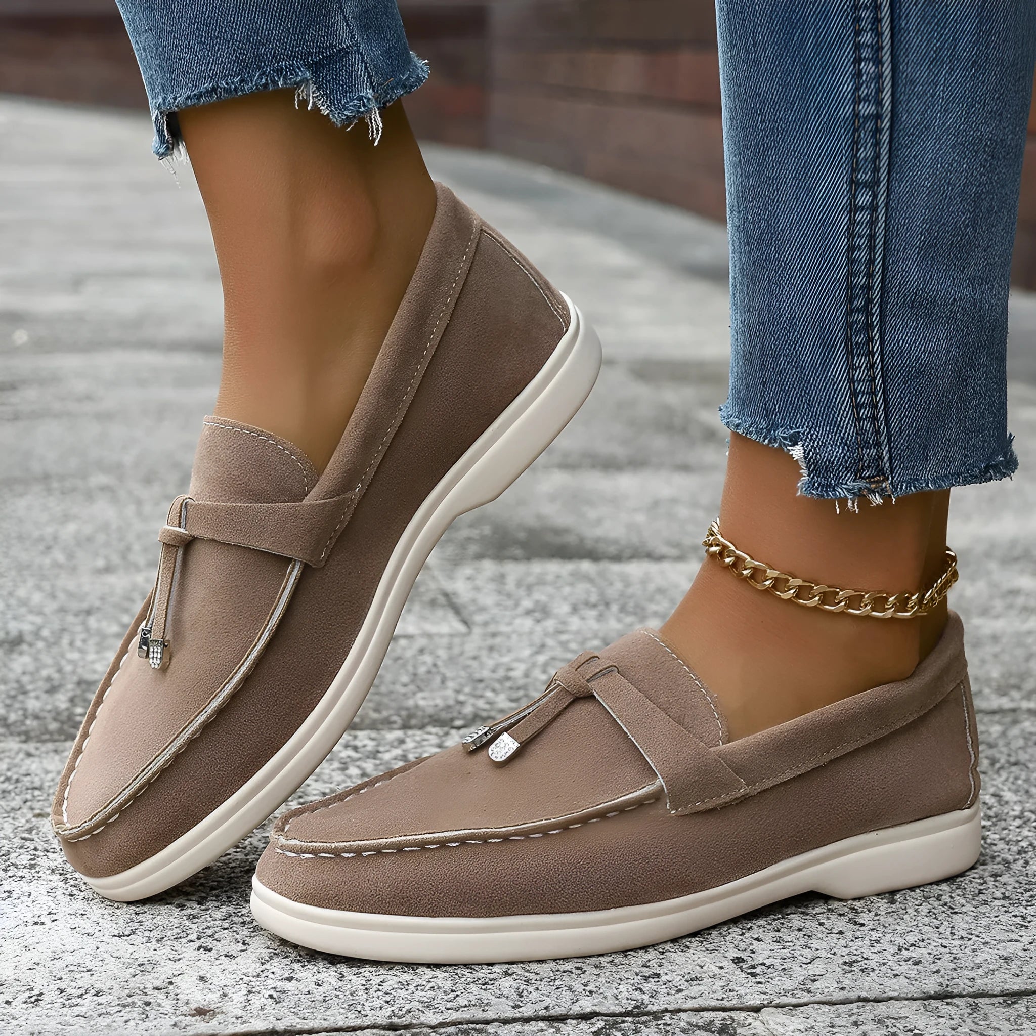 Men's casual slip-on canvas loafers in apricot colour with a platform heel and round toe.