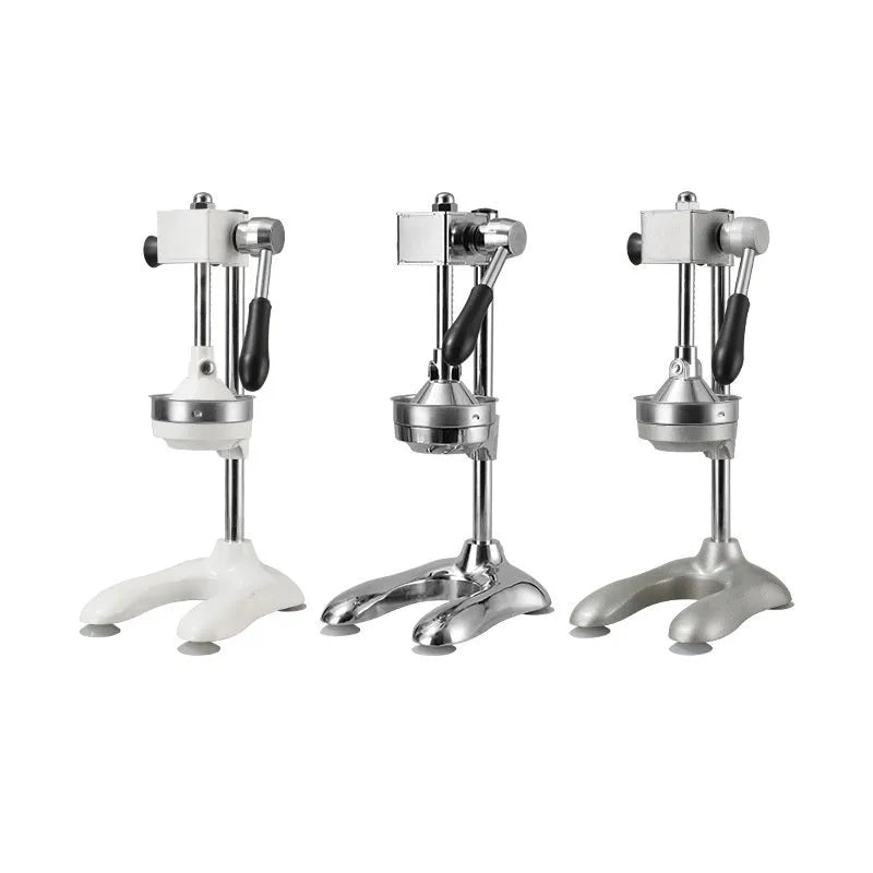 Vertical stainless steel manual juicer on zinc alloy base, showing colour and head style options.