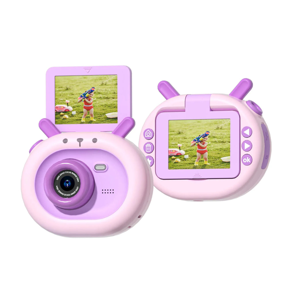 Purple children's digital camera with flip screen showing HD resolution display