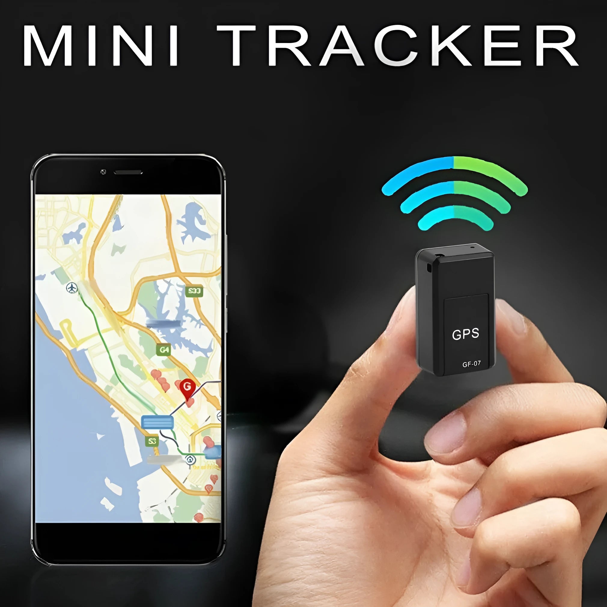 Black mini magnetic GPS car tracker device with dimensions 35x20x14mm