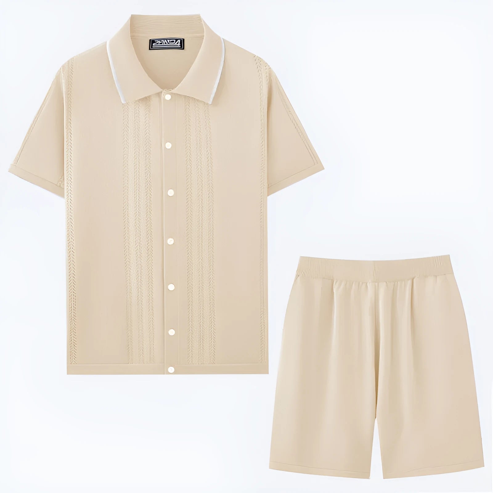 Man wearing a khaki short-sleeve knit top and matching shorts from a business casual two-piece set