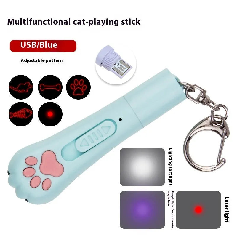 Colourful plastic cat tease wand with laser patterns and removable footprint tip for indoor pet play