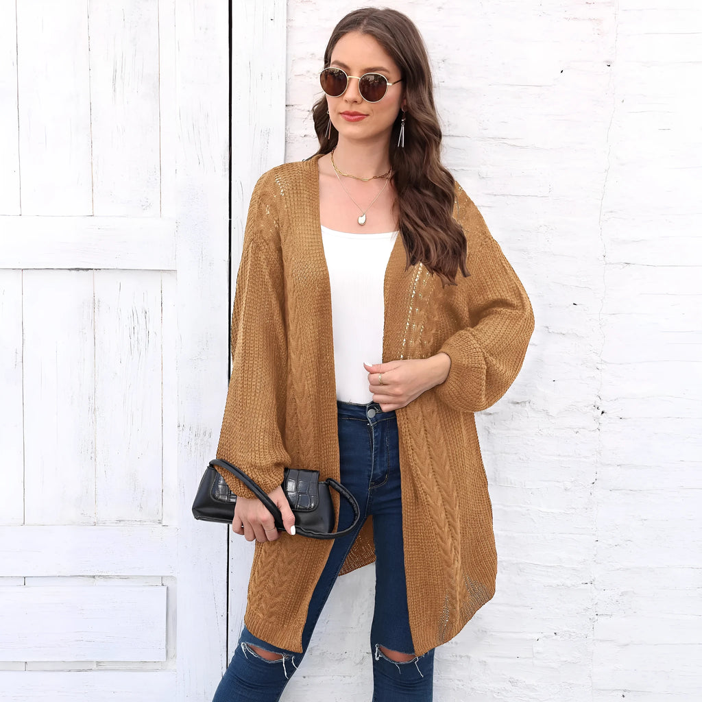 Women's loose fit acrylic sweater coat in army green, shown front on, casual style.