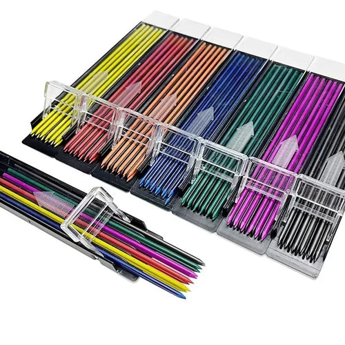 Boxed set of 12 coloured mechanical pencil refill leads in plastic tube with rainbow colour selection