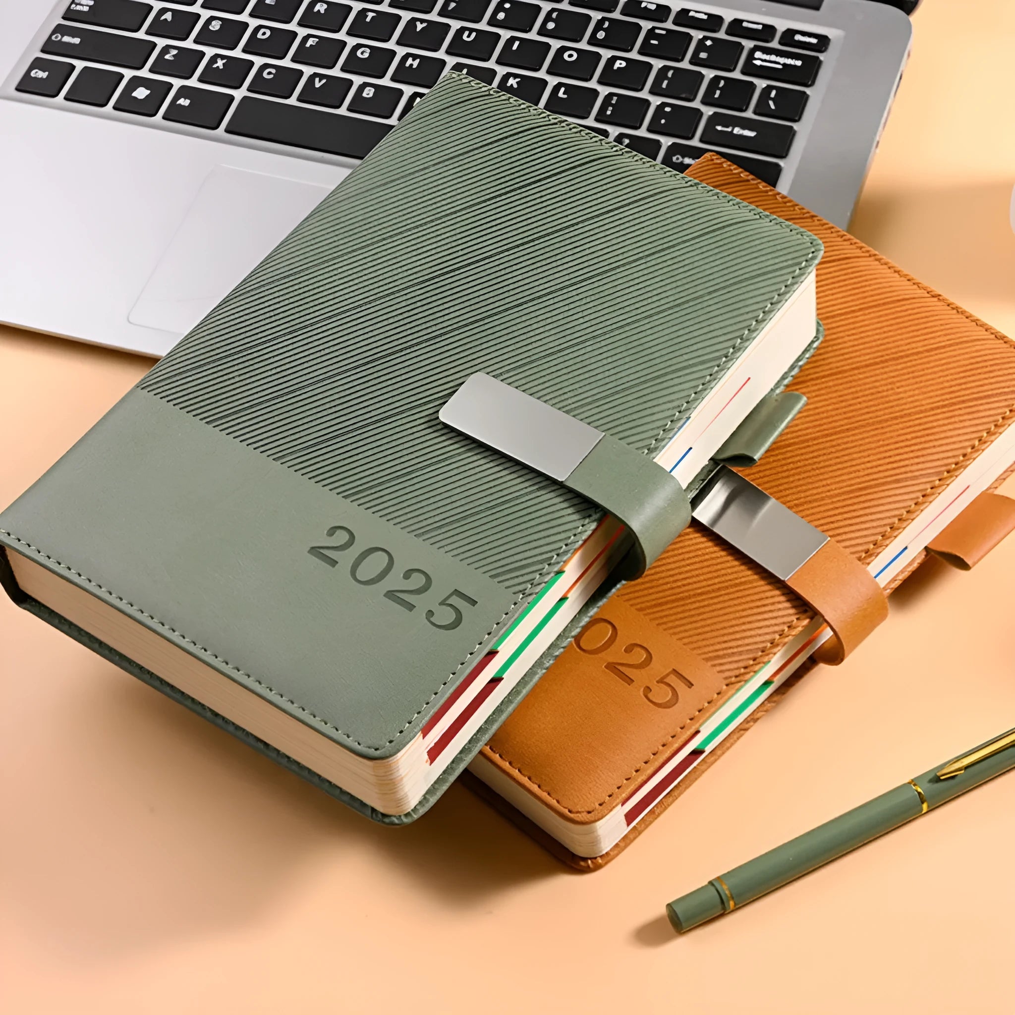 A4 striped PU leather business notepad open showing 80g wood-free paper