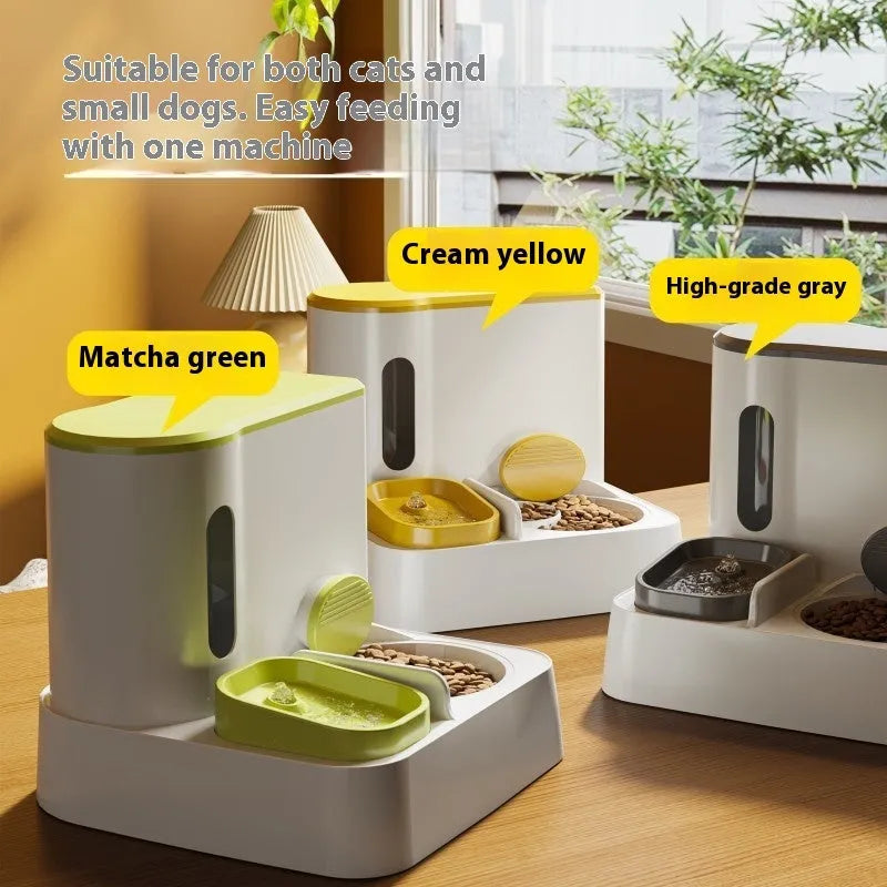 Grey automatic cat feeder and water dispenser double bowl unit on floor
