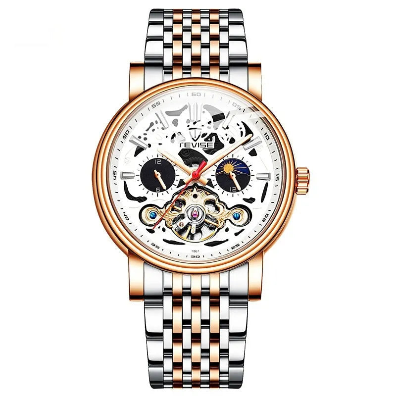 Men's fashion tourbillon mechanical watch with luminous dial on a metal bracelet, showing water resistant case.