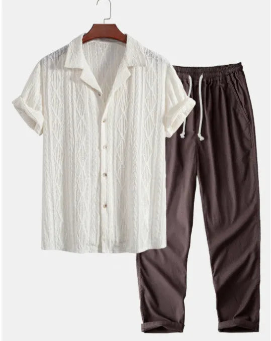 Linen polyester casual suit set with digital camouflage print, showing short sleeve shirt and trousers in slim fit