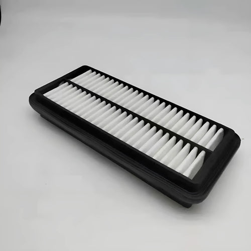 Black polymer car air filter for Hyundai vehicles measuring 256mm x 113mm x 40mm