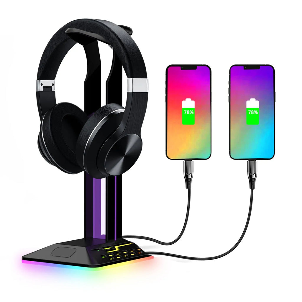 Acrylic RGB headset display stand with dual USB ports and colour-changing lights, holding a pair of headphones.