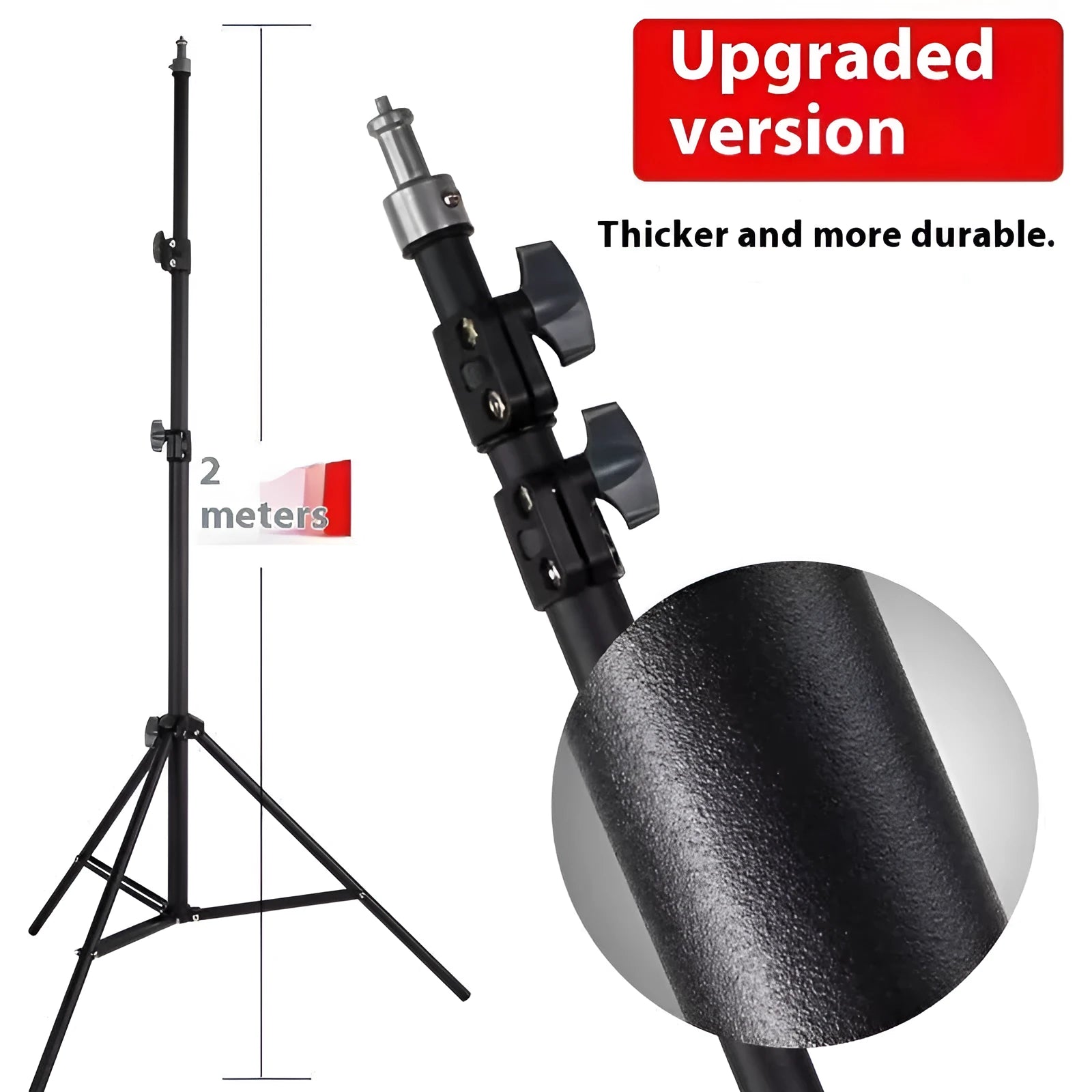 Frosted finish tripod light stand with mobile phone holder mounted, showing carbon steel construction and adjustable legs