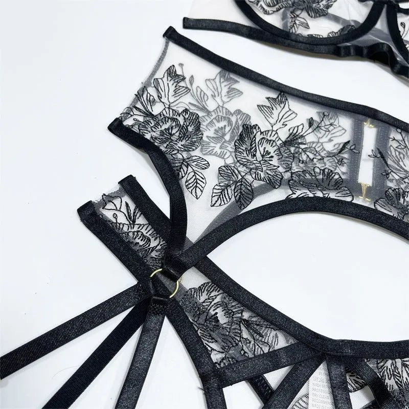 Women's black lace mesh three-piece set with floral print top pants and waist ring