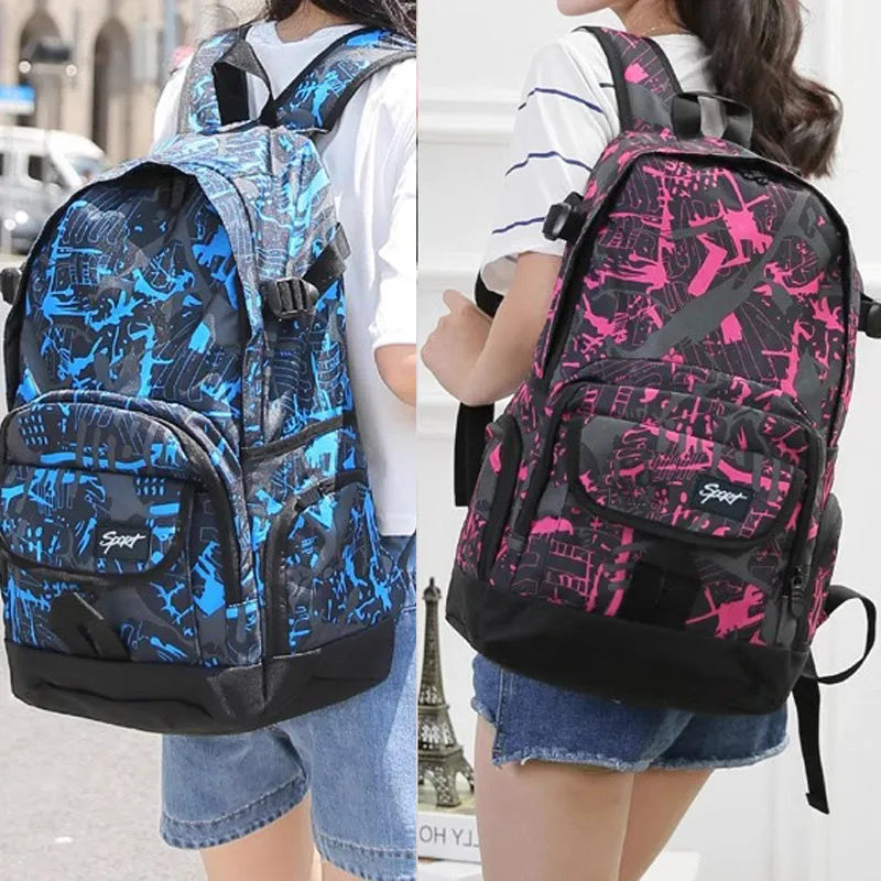 Classic nylon backpack in blue and red colours with large capacity for travel and school use