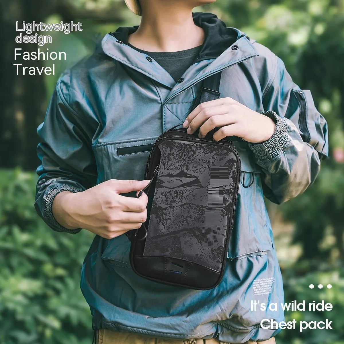 Casual black camouflage pattern insulated chest bag with a single strap and waterproof TPU exterior.