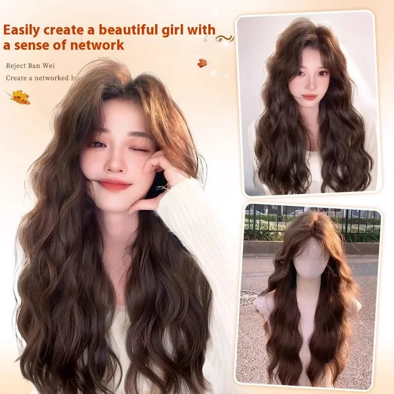 Full-head artificial hair wig with long curly style and side bangs in brown colour options