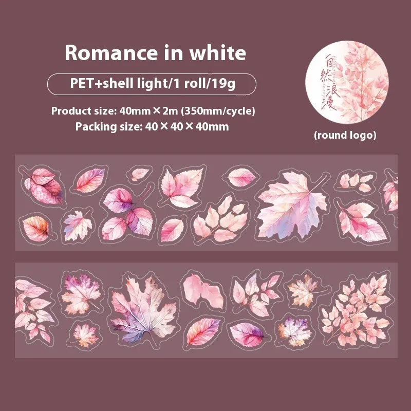 PET decorative sticker roll showing six natural leaf colour variations including ginkgo and maple designs
