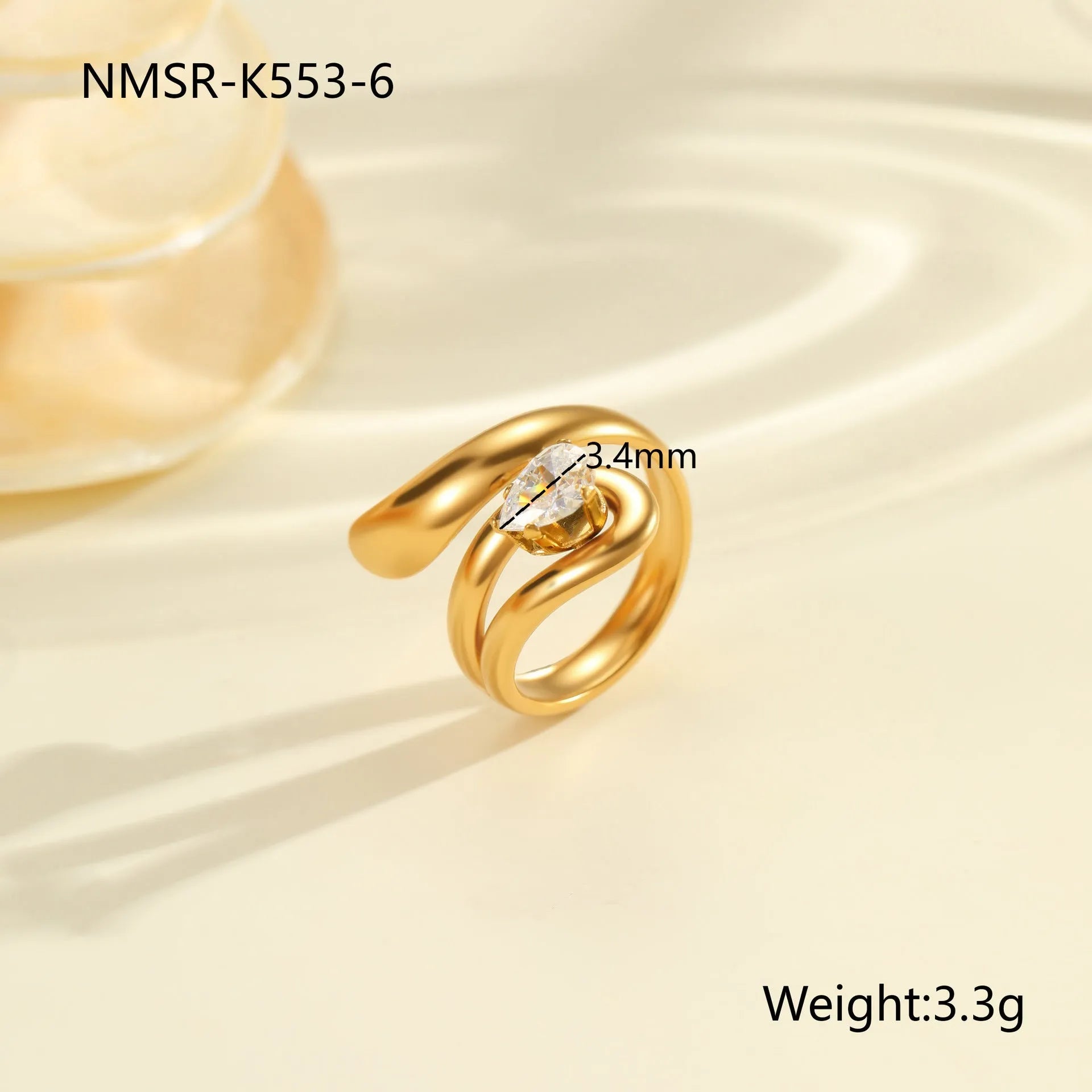 Geometric stainless steel ring with electroplated zircon stones in multiple colour options