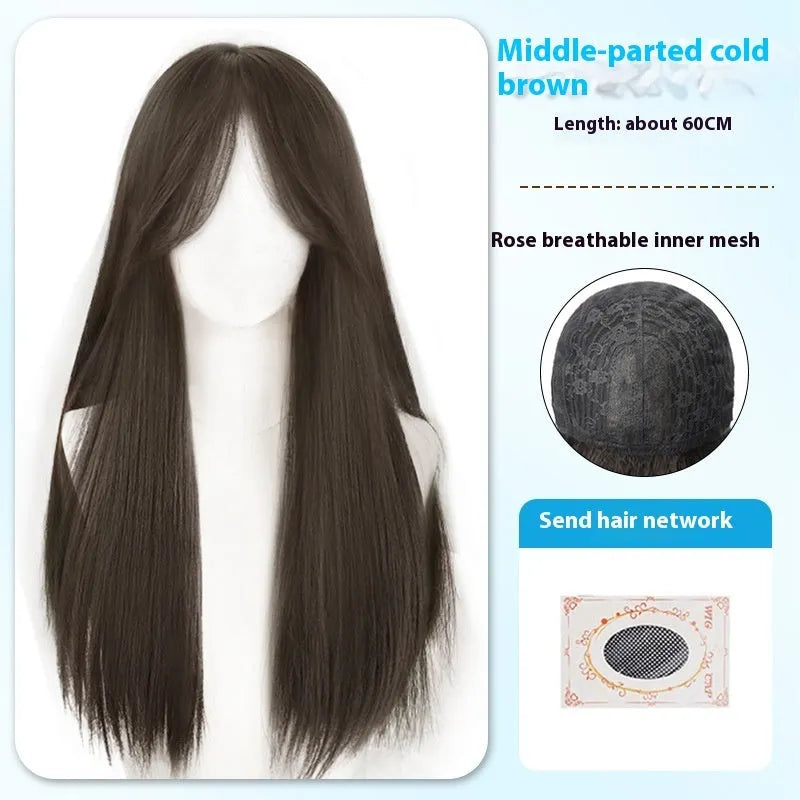Straight black synthetic wig with bangs for women in brown-black colour