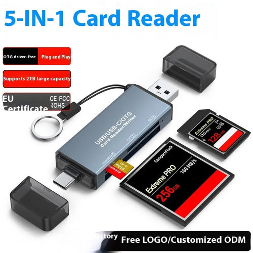 Compact aluminium alloy CF, SD, and TF three-in-one memory card reader with USB and TYPE-C cables.