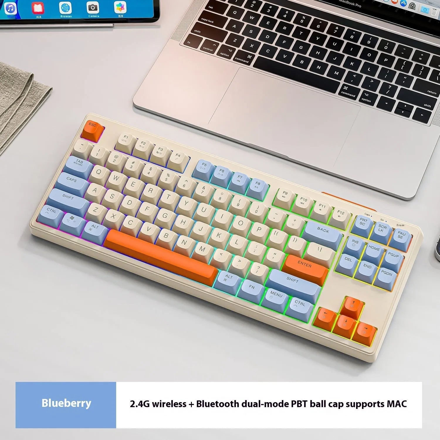 Free Wolf M87 wireless Bluetooth dual-mode mechanical feeling keyboard in blueberry colour on a desk.