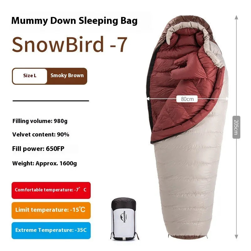 Adult mummy-style sleeping bag with goose down filler in multiple colour and weight options.