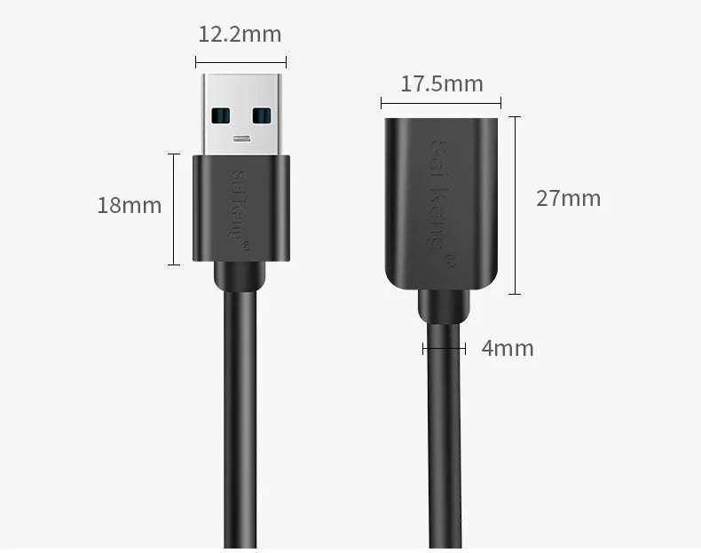 Black USB extension cable showing male and female connectors with length options from 1 to 5 metres