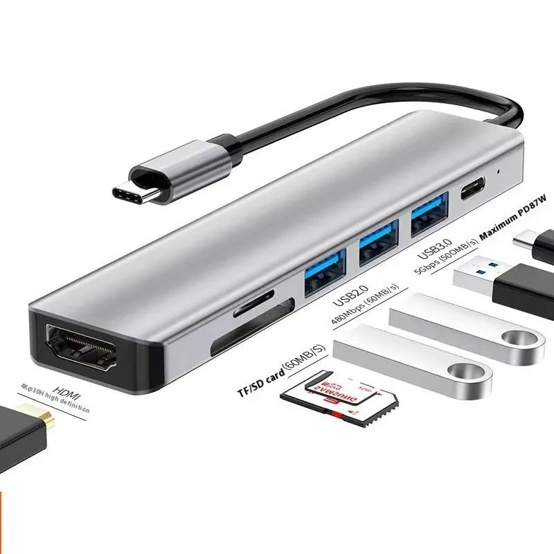 USB C 7-in-1 expansion dock with HDMI port, USB 3.0 connections, and 15cm cable for laptop connectivity