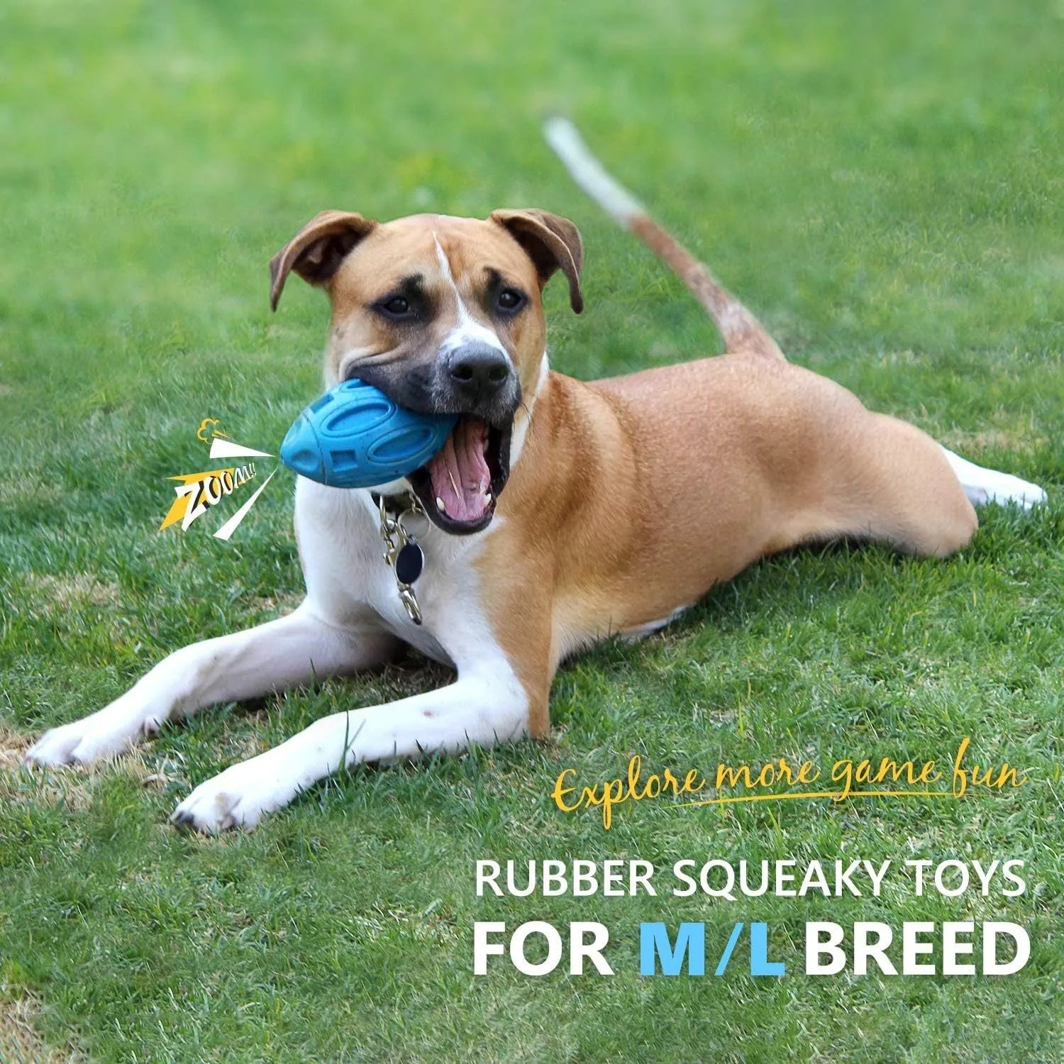 Blue natural rubber squeaky dog chew ball with surface grooves for medium and large breed dogs