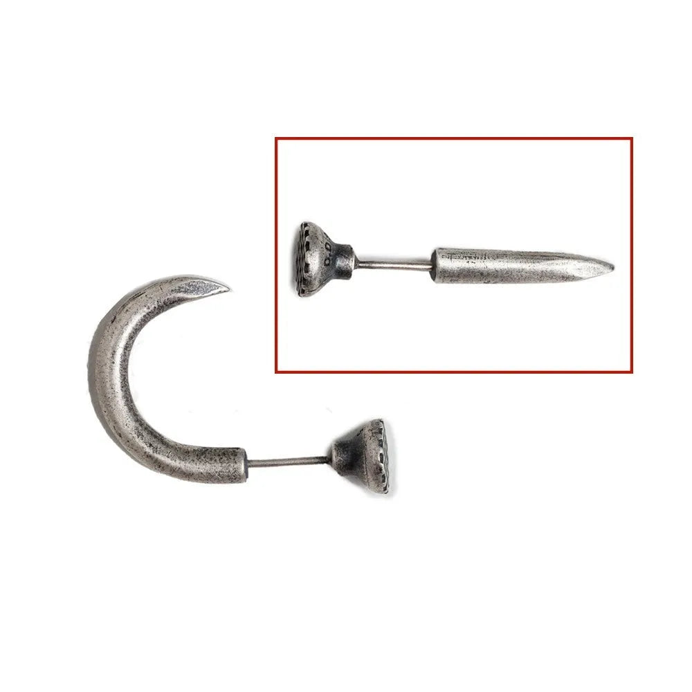 Sterling silver nail stud earrings in straight or curved punk style on ear hook.